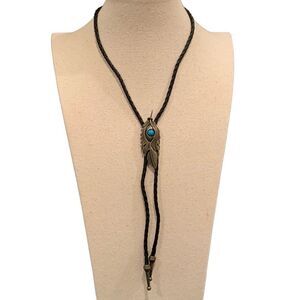 Men’s Western Bolo Necklace in Antique Bronze Tone with Faux Turquoise Stone